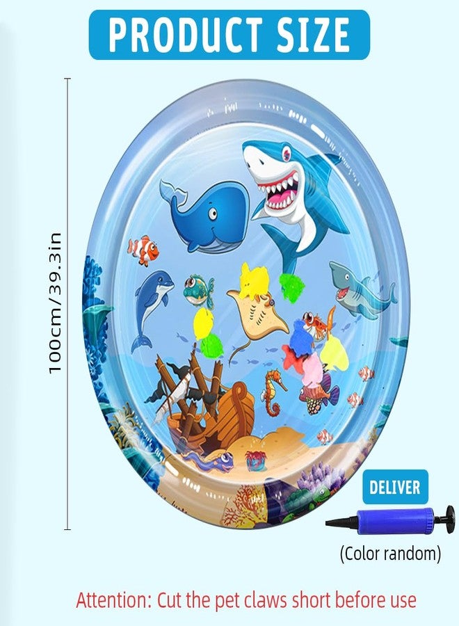 Qpets® Cat Water Bed Inflatable Water Mat with Air Pump Summer Cooling Down Bed Anti-Scratch Thicken PVC Game Mat with Built in Fish Ornaments,39.37 inches Dia - Image 2